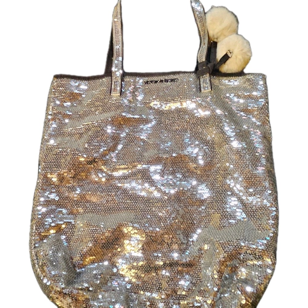 Victoria Secret Sequin/Black Trim White Pom-Poms Tote Bag Sparkle,Dressy,Fun